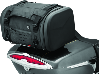 Kuryakyn Xkursion XS Steward Roll Bag for powersports vehicles, shown in black with multiple compartments and straps