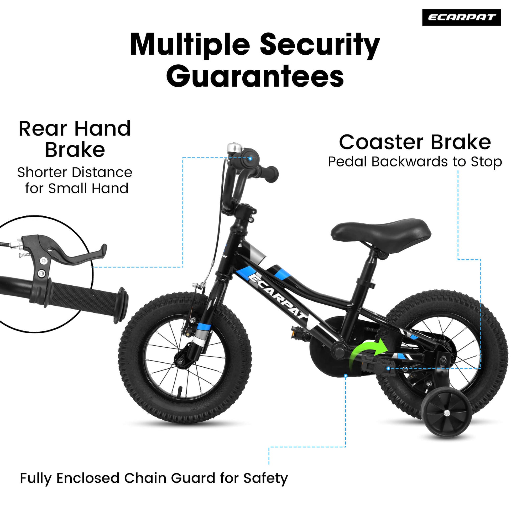Hycline Ecarpat 16-inch kids' bicycle with training wheels, colorful frame, and adjustable seat for young children.