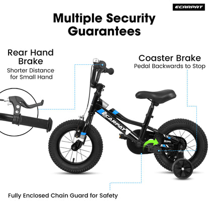 Hycline Ecarpat 16-inch kids' bicycle with training wheels, colorful frame, and adjustable seat for young children.
