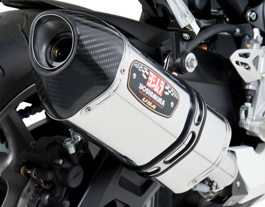 YOSHIMURA Street R 77 slip-on motorcycle exhaust with stainless steel and carbon fiber end cap, designed for performance and style.