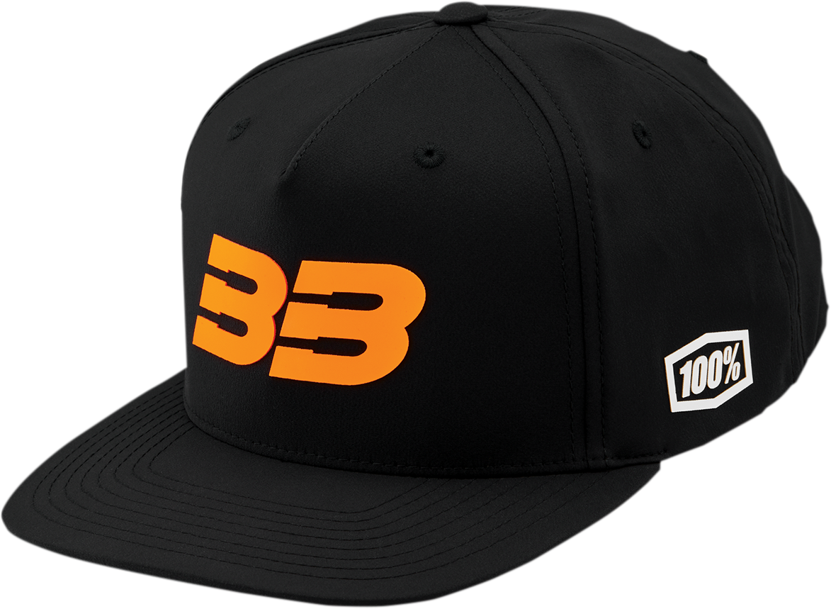 Bill's Exhausts 100% BB33 hat in black and fluo orange, one size, featuring a stylish design and adjustable fit.