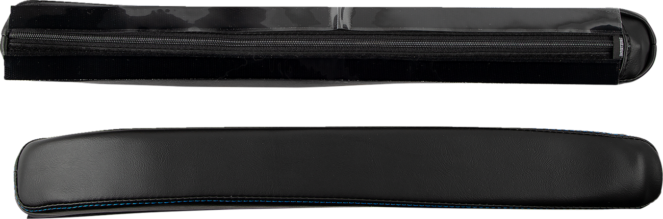 Black SHOW CHROME Kaliber Armrest Pads with blue stitching for Slingshot 2015-2022 engine, featuring durable design and brand logo.