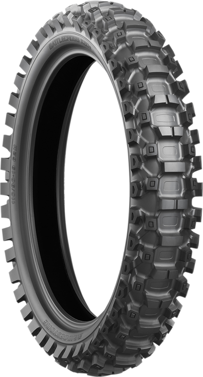 Bridgestone Battlecross X20 rear motocross tire 100/90-19 with knobby tread for off-road racing and performance.