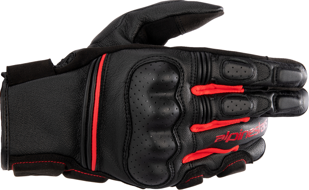 Alpinestars Phenom Gloves in black and bright red, medium size, showcasing protective motorcycle glove design and branding.