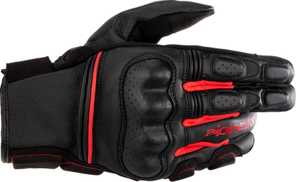 Alpinestars Phenom Gloves in black and bright red, medium size, showcasing protective motorcycle glove design and branding.