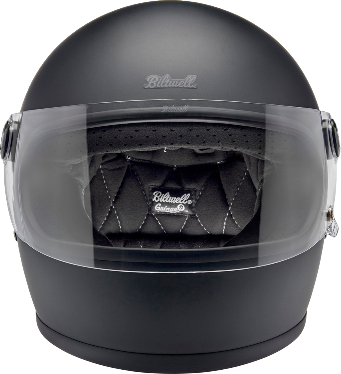 BILTWELL Gringo S helmet in flat black, small size, featuring a smooth glossy finish and helmet branding visible on the surface.