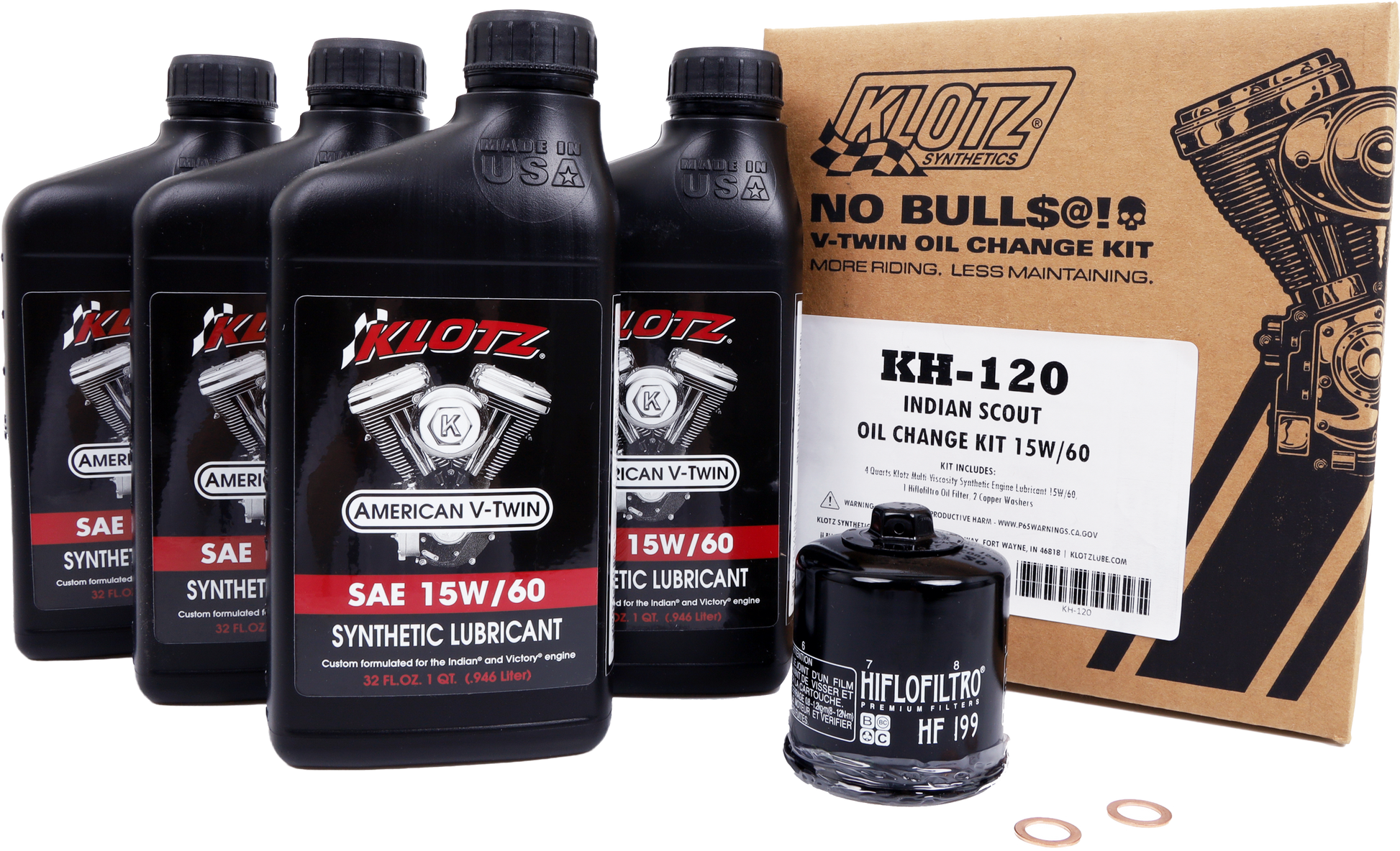 KLOTZ Indian Scout synthetic oil change kit with 4-quart oil and parts, designed for easy motorcycle maintenance.