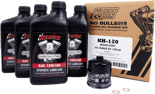 KLOTZ Indian Scout synthetic oil change kit with 4-quart oil and parts, designed for easy motorcycle maintenance.