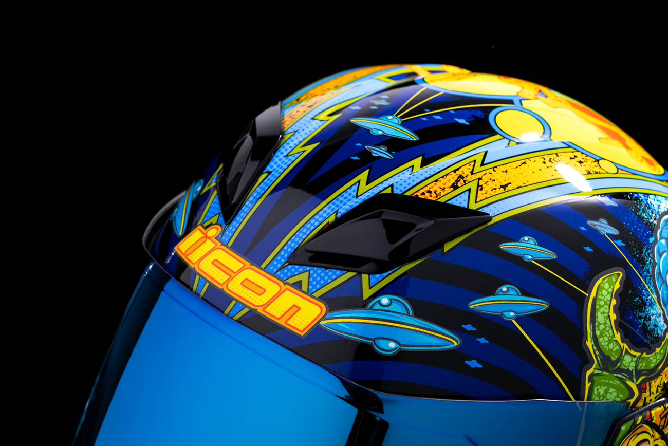 Bill's Exhausts ICON Airflite™ Helmet Bugoid Blitz blue 2XL helmet with aerodynamic design and clear visor.
