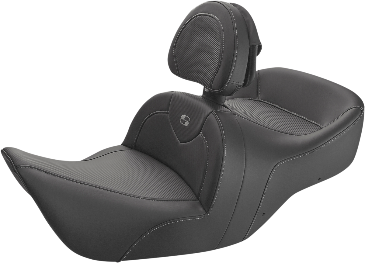 Bill's Exhausts SADDLEMEN Roadsofa seat with carbon fiber finish, black color, includes backrest, designed for motorcycle seating.