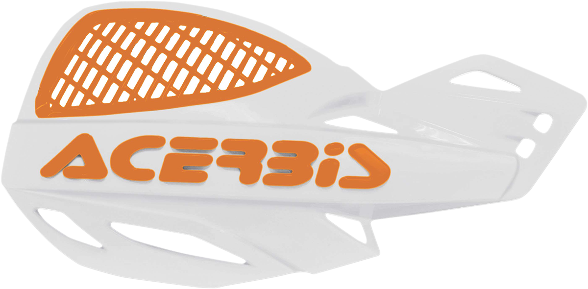 Acerbis Uniko vented handguards in white and orange mounted on a motorcycle handlebar.