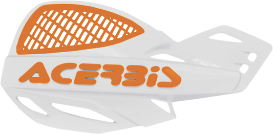 Acerbis Uniko vented handguards in white and orange mounted on a motorcycle handlebar.