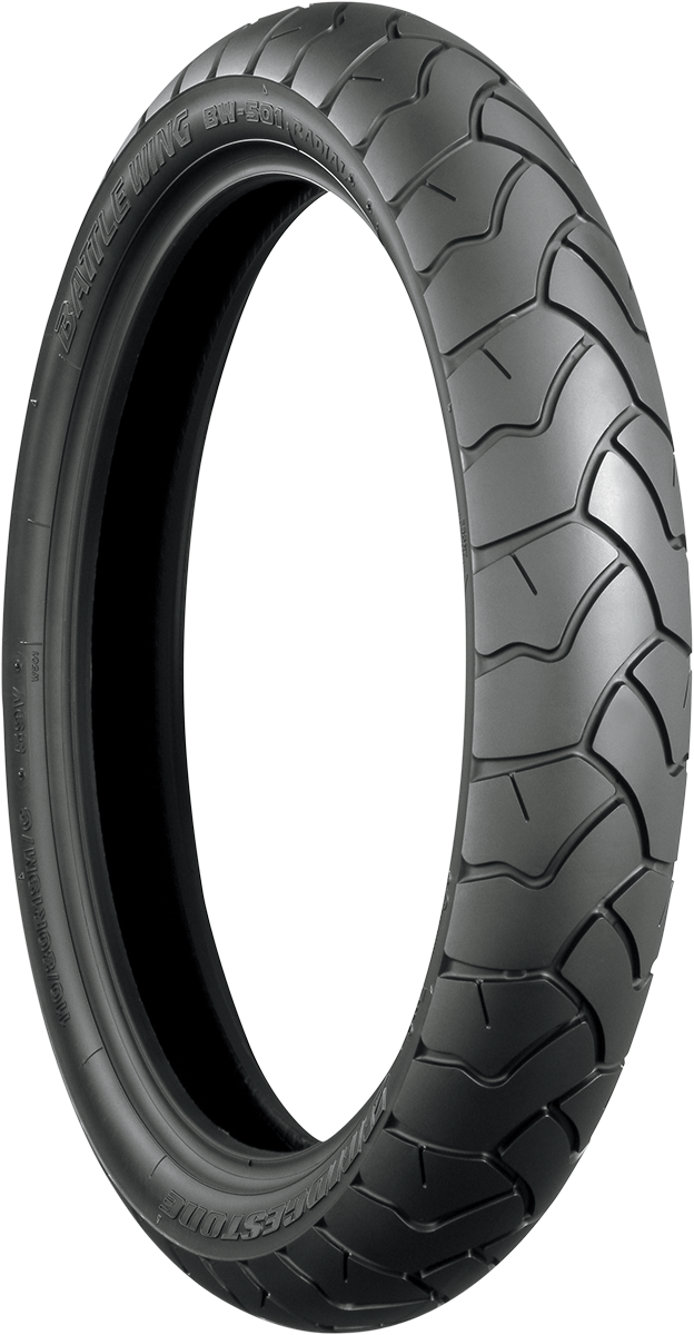 Bridgestone Battle Wing BW501 front motorcycle tire 90/90-21 54V showing tread pattern and sidewall for enhanced grip and handling.