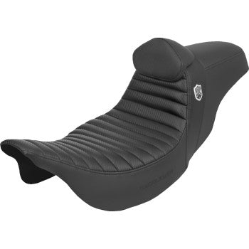 SADDLEMEN Pro Series SDC Performance Seat with backrest, tuck-n-roll design, carbon fiber accents, and gripper surface for FLH/FLT bikes