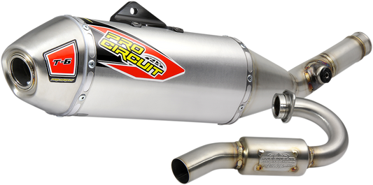 Pro Circuit T-6 stainless steel motorcycle exhaust system for off-road and on-course riding, featuring durable construction and sleek design.