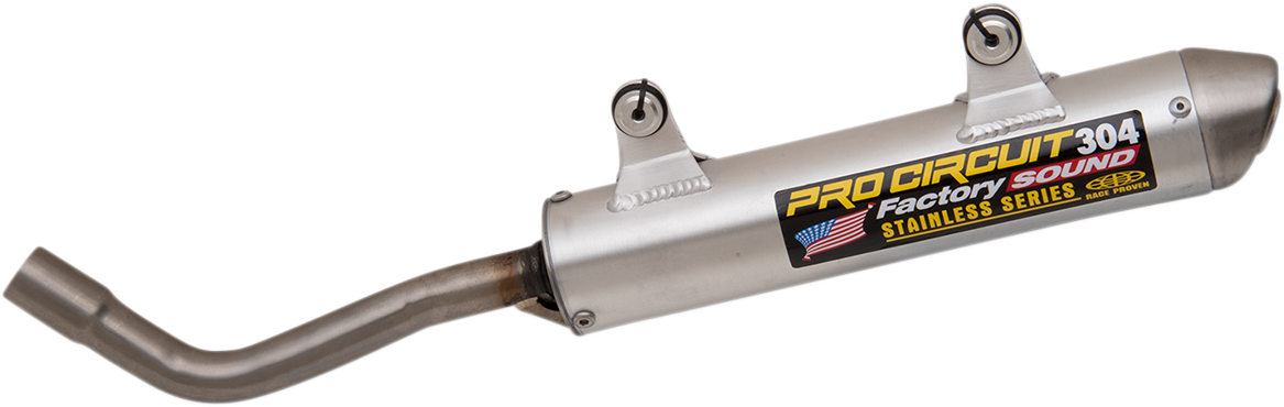 Pro Circuit 304 Silencer for motocross bikes, longer body design, black finish, enhanced performance, and noise reduction.