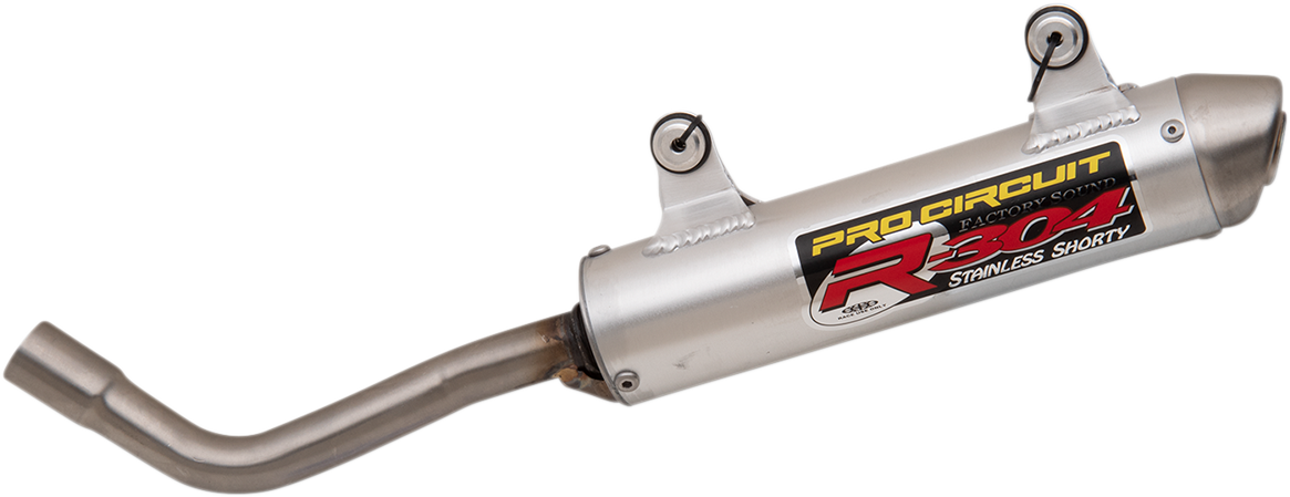 Pro Circuit R-304 two-stroke silencer for motocross bikes, showcasing the sleek metal design and branding details.