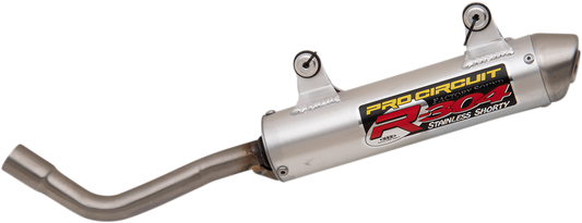 Pro Circuit R-304 two-stroke silencer for motocross bikes, showcasing the sleek metal design and branding details.