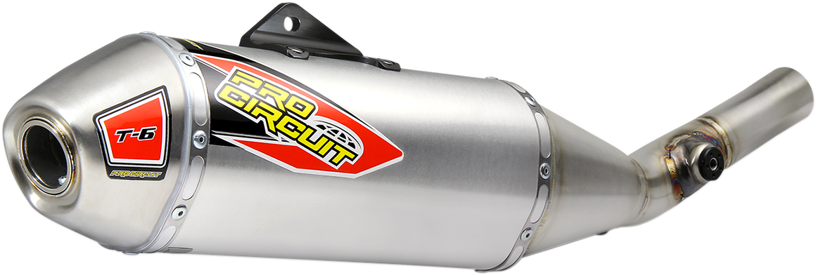 PRO CIRCUIT T-6 stainless slip-on muffler for motorcycles, designed for improved performance and a sleek silencer appearance.