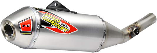PRO CIRCUIT T-6 stainless slip-on muffler for motorcycles, designed for improved performance and a sleek silencer appearance.