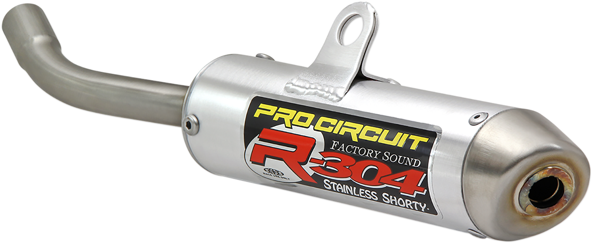 PRO CIRCUIT R-304 two-stroke silencer for enhanced performance, shown in an image with mounting details and branding.