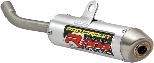 PRO CIRCUIT R-304 two-stroke silencer for enhanced performance, shown in an image with mounting details and branding.