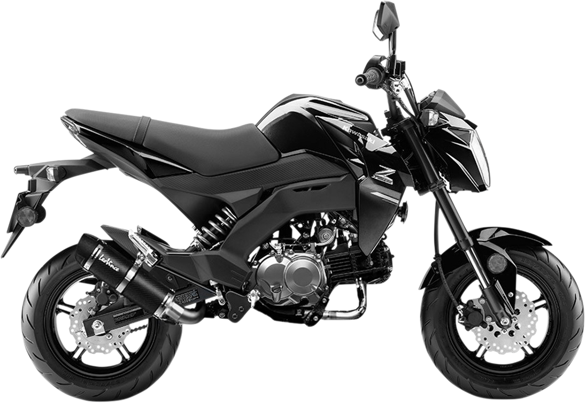 LeoVince GP Corsa Evo full exhaust system for Kawasaki Z125, EU Spec, showing the sleek, metallic exhaust pipe and branding details.