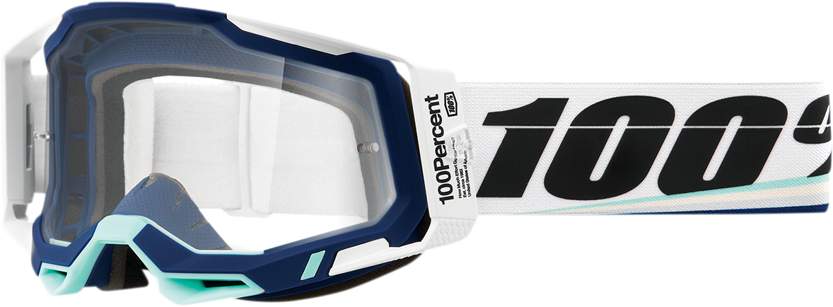 Bill's Exhausts Racecraft 2 Goggles in clear with adjustable strap and reinforced frame, designed for racing and motocross use.