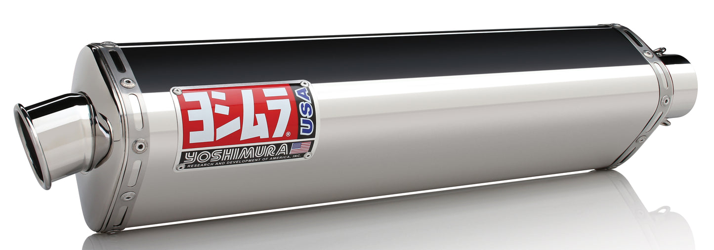YOSHIMURA Street Trc Bolt-On stainless steel exhaust system installed on motorcycle, showcasing the sleek metal finish.