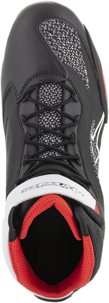 Alpinestars Faster-3 Rideknit® shoes in black, white, and red with US 10.5 size, featuring sporty design and breathable material.
