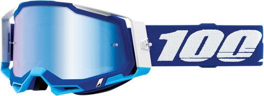 Bill's Exhausts Racecraft 2 goggles in blue with blue mirror lenses, designed for high-performance racing and protective eyewear.