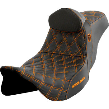 Bill's Exhausts SADDLEMEN Pro Series SDC performance motorcycle seat with backrest in orange stitching for FLH/FLT models 2008-2023