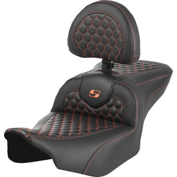 SADDLEMEN Roadsofa™ motorcycle seat with backrest in honeycomb orange stitch for FLTR/FLHX '23-'24 models, by Bill's Exhausts
