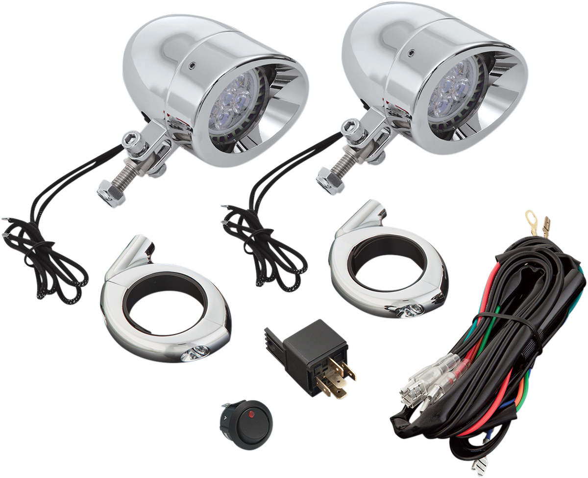 Bill's Exhausts Show Chrome 2 3/8" LED Driving Light Kit for engine, featuring chrome finish and bright LED bulbs.