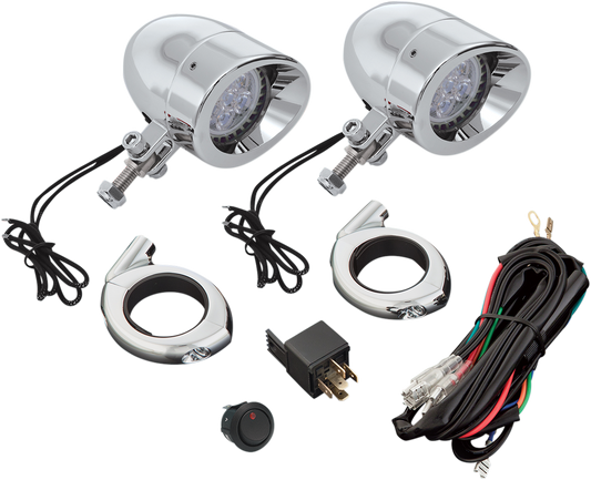 Bill's Exhausts Show Chrome 2 3/8" LED Driving Light Kit for engine, featuring chrome finish and bright LED bulbs.