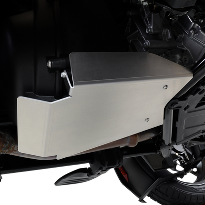 Bill's Exhausts SHOW CHROME skid plate for Can-Am Ryker engine protection, shiny chrome finish, detailed metal construction.