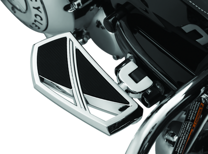 Kuryakyn Phantom Mini Boards chrome power sports footrests with large resting area and traction inserts for motorcycle riding.
