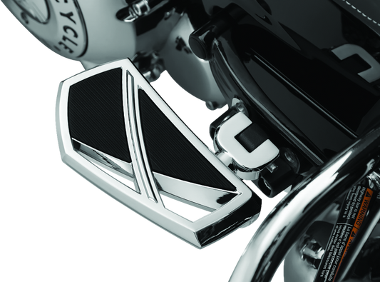 Kuryakyn Phantom Mini Boards chrome power sports footrests with large resting area and traction inserts for motorcycle riding.