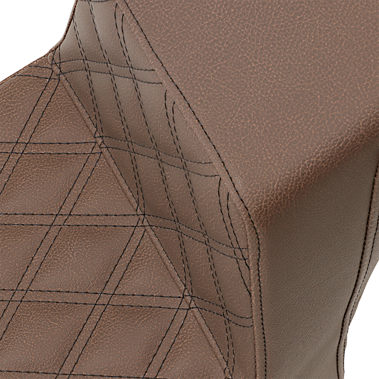 Brown SADDLEMEN Step Up motorcycle seat with front lattice and smooth rear design for Scout Bobber, by Bill's Exhausts.