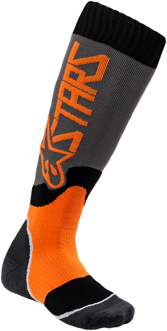Alpinestars MX Plus 2 youth motocross socks in gray and orange, size medium/large, featuring protective cushioning and branding.