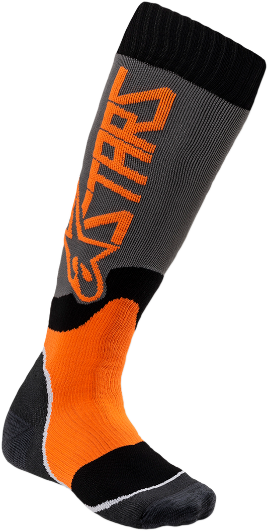 Alpinestars MX Plus 2 youth motocross socks in gray and orange, size medium/large, featuring protective cushioning and branding.
