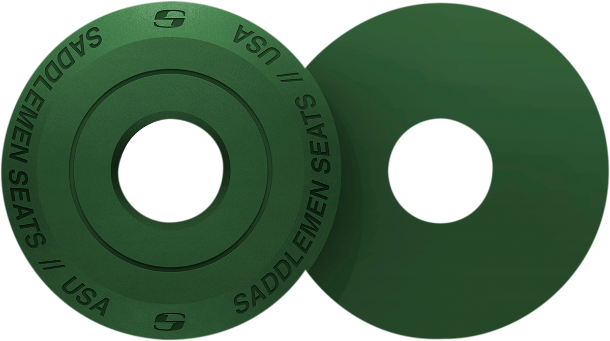 Dark green SADDLEMEN Fender Seat Washer for seats, shown on a motorcycle, with visible metal hardware and stitching details.