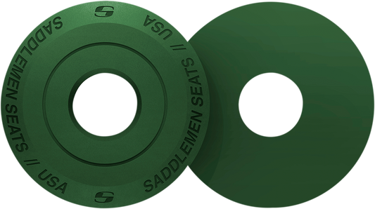 Dark green SADDLEMEN Fender Seat Washer for seats, shown on a motorcycle, with visible metal hardware and stitching details.