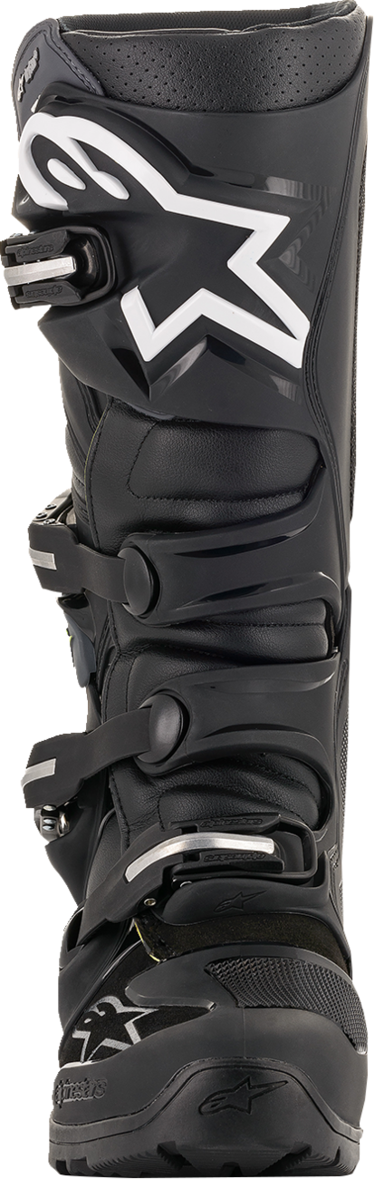 Black Alpinestars Tech 7 Enduro Drystar® boots with reinforced ankle protection and rugged sole for off-road riding, US size 8.