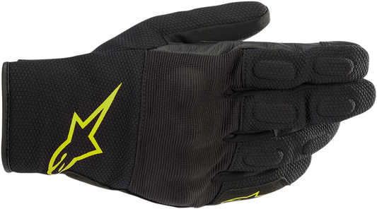 Alpinestars S-MAX Drystar® motorcycle gloves in black and fluo yellow, small size, featuring protective padding and adjustable wrist straps.