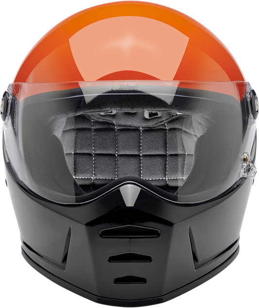 BILTWELL Lane Splitter helmet in gloss Podium Orange, gray and black, size XL, featuring aerodynamic design and ventilation.