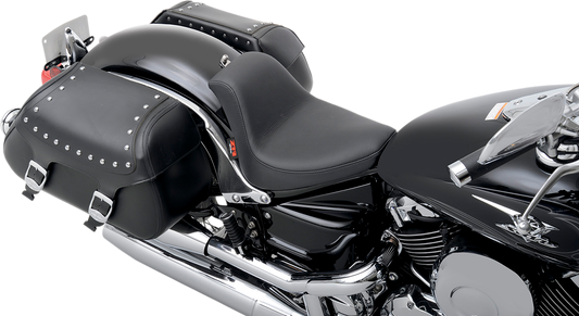 Z1R Low Solo Seat for VStar 650 motorcycle, black vinyl with minimal padding, designed for comfortable rider seating