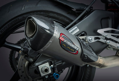 YOSHIMURA Yoshimura Exhaust Race Alpha T 3/4 Slip-On with carbon fiber end cap mounted on motorcycle side view