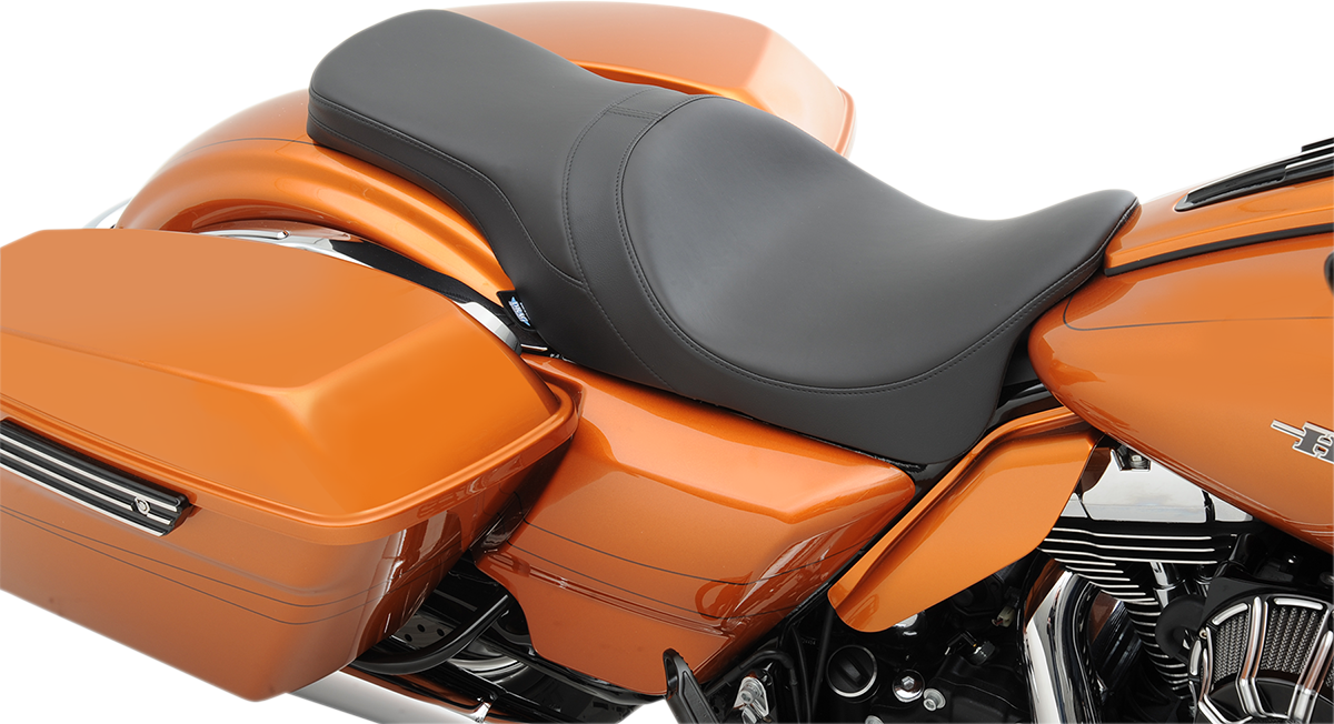 Drag Specialties Predator 2-up forward-positioned motorcycle seat for Harley FL 2008-2023 with smooth finish.