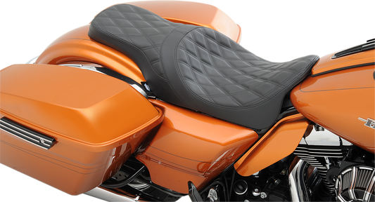 Black Drag Specialties Predator 2-up forward seat with diamond stitching for Harley FL models 2008-2023, part number 0801-1265.